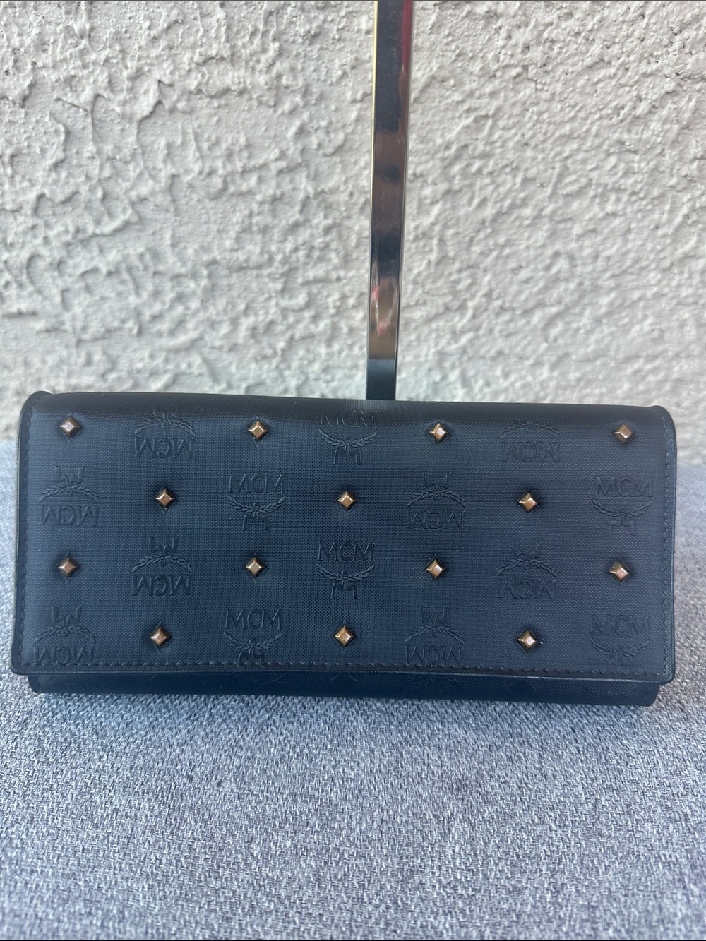 MCM Black Embossed Logo Studded Continental Wallet